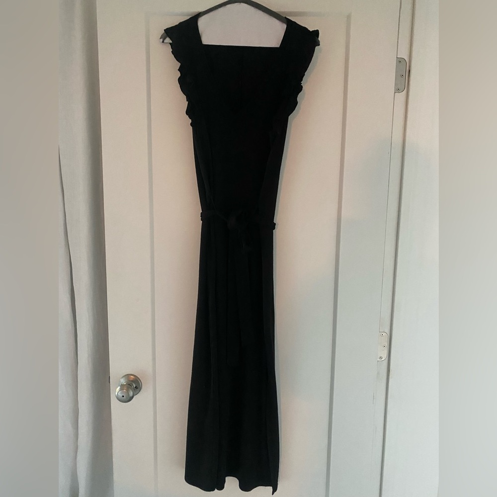 PAIGE, knit casual midi dress, v-neck with slits on side, black, size M